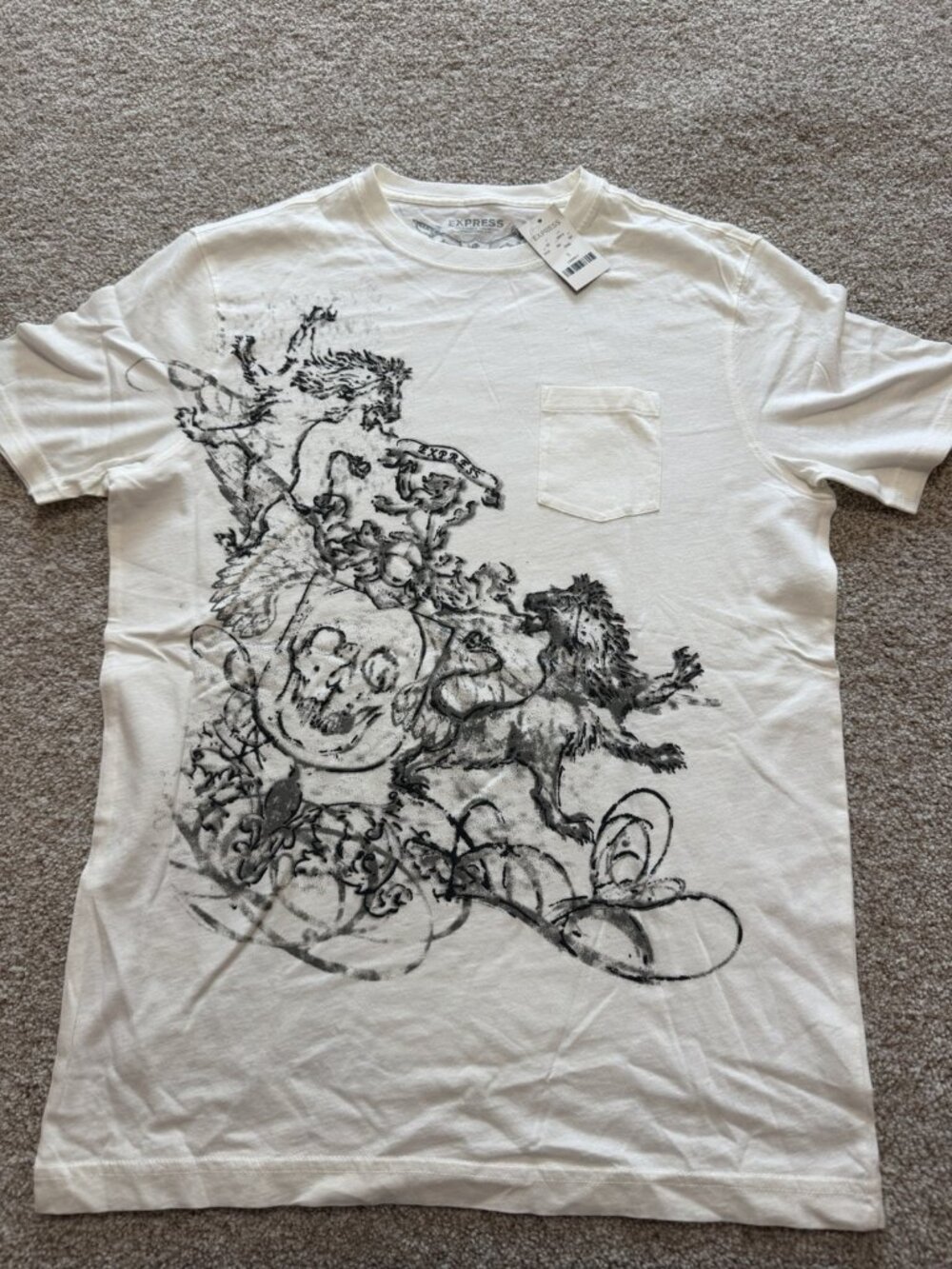 Express Men's Fighting Lion Graphic White Short Sleeve T Shirt Size Small